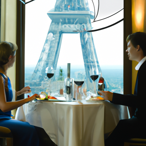 זוג נהנה מארוחת גורמה במסעדת Le Jules Verne של המגדל