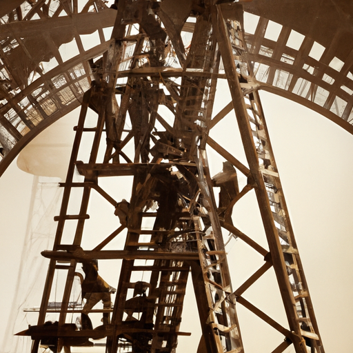 פועלים בונים את המדרגות של מגדל אייפל בסוף המאה ה-19